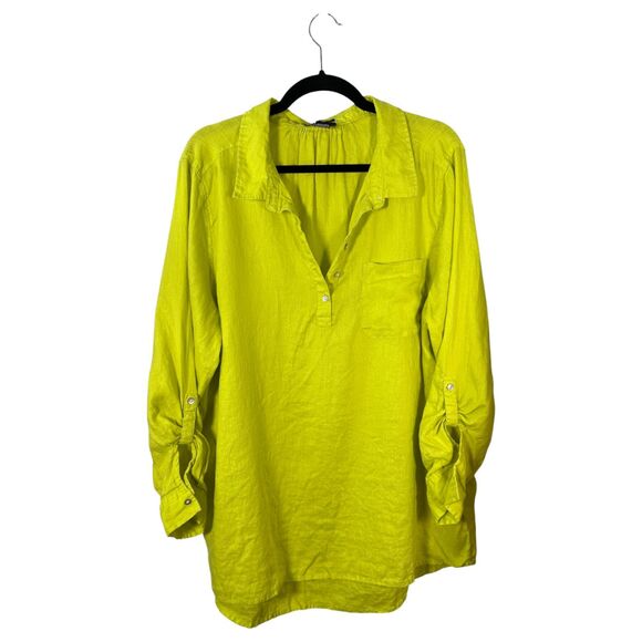 JNY Jones New York 100% Linen Green Popover Roll Tab Sleeve Tunic Blouse Size 2X - Picture 1 of 3